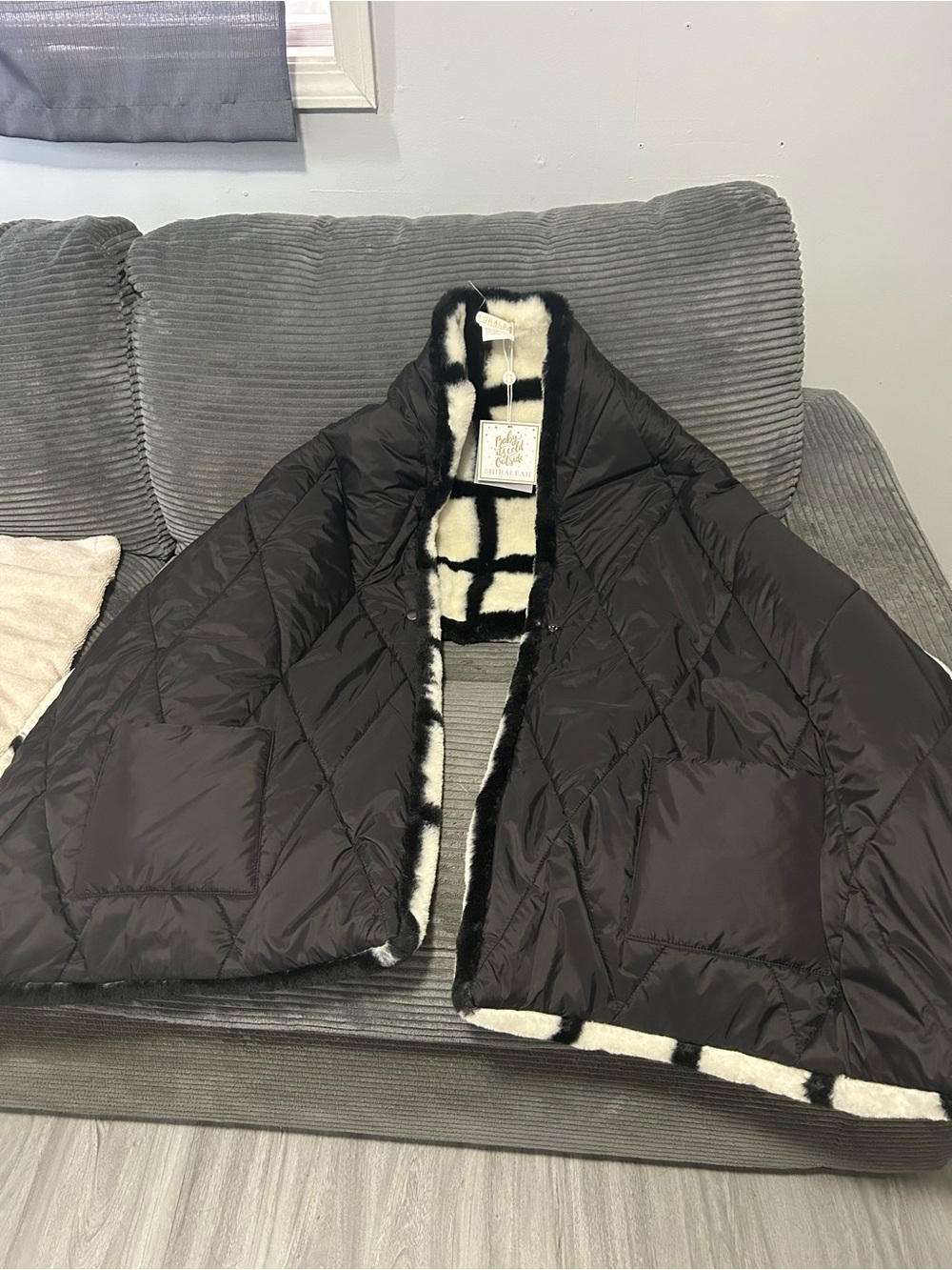 Shiraleah Black Quilted Puffer with Black-and-Cream Shearling Trim